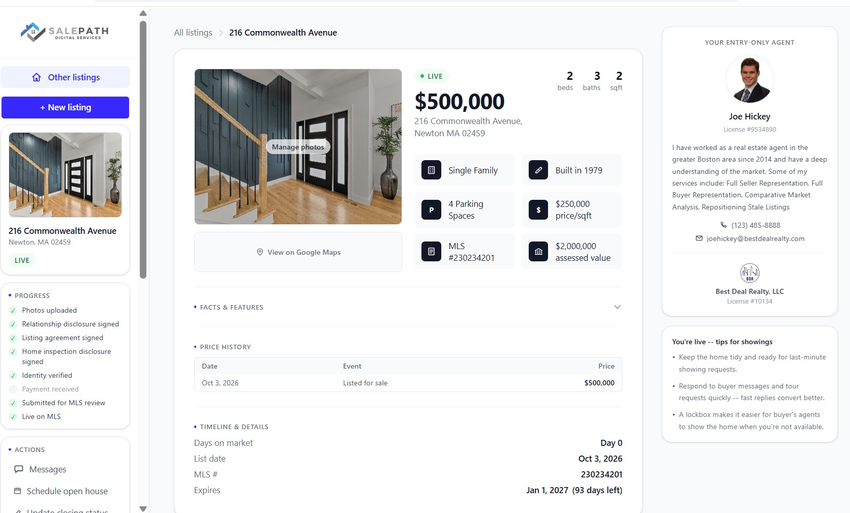 A live SalePath listing showing photos, price, and document progress