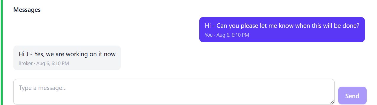 A message thread between a client and their broker